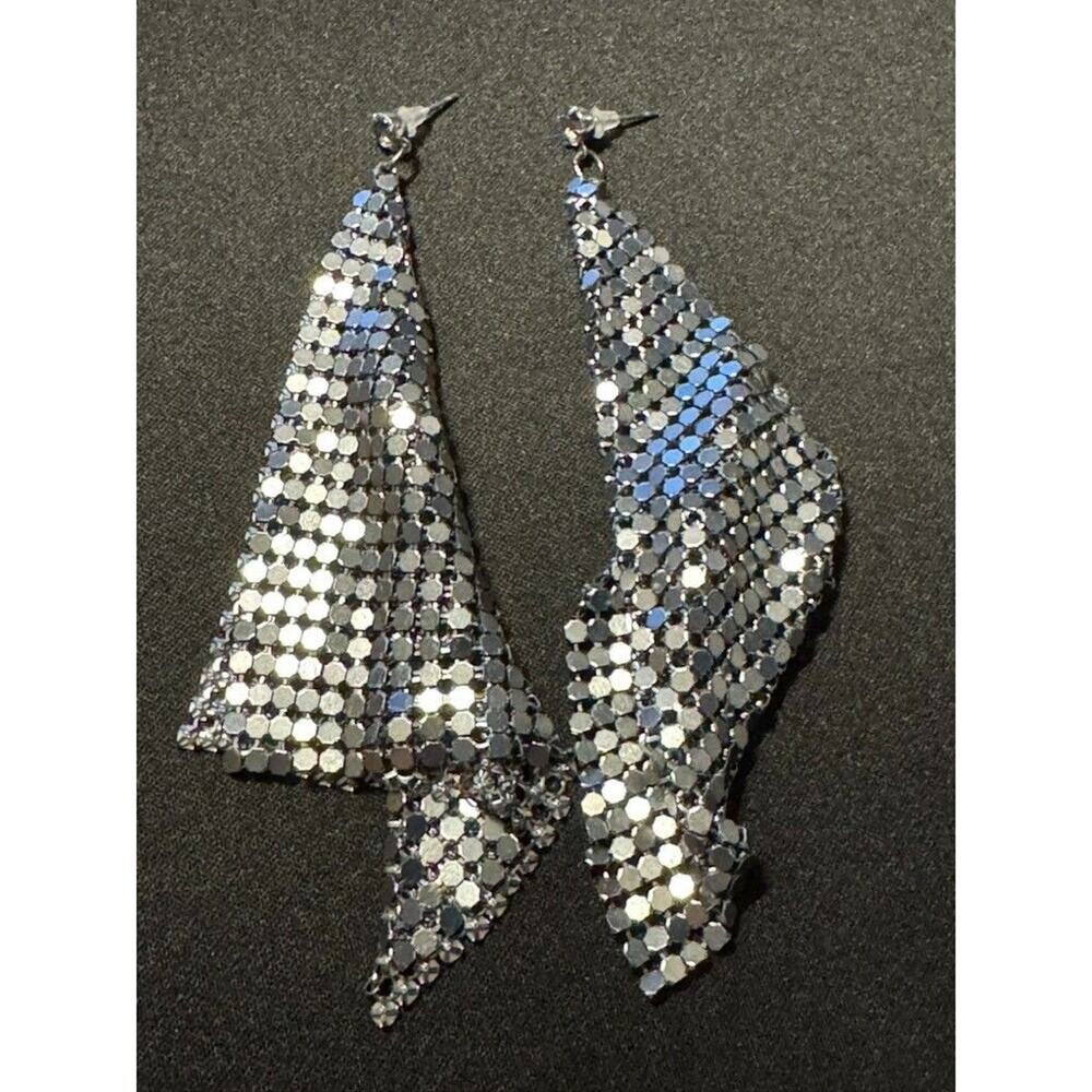 Silver Tone Mesh Post Sparkle Earrings 4in Length